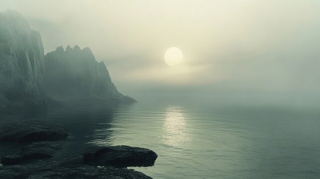 Coastal landscape shrouded in fog, with faint silhouettes of distant landforms reflecting in the water, creating a mysterious atmosphere.
