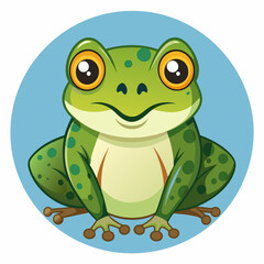 Obraz premium Cartoon Green Frog with Large Eyes Sitting on a Blue Circle