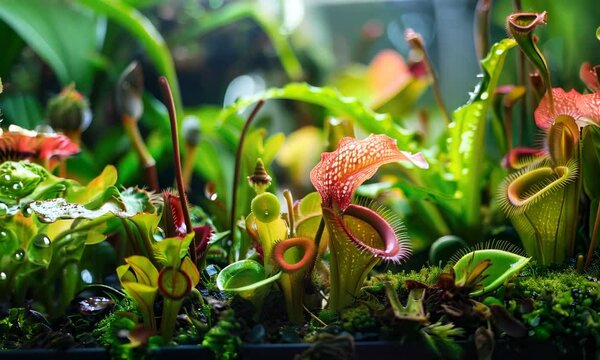 Vibrant carnivorous plants thriving in a moist, green environment