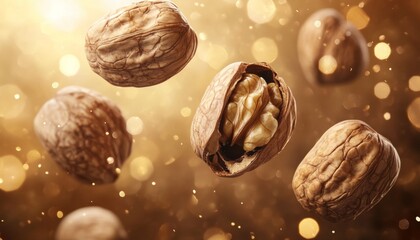 Fototapeta premium Soaring Walnuts: Abstract Celebration of Healthy Living and Nutritious Snacking. Creative Concept for Wellness Campaigns, Dietary Promotions, and Festive Food Marketing. Minimalist Design with Flying 
