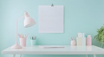 Minimalist white desk with neatly arranged stationery,workspace