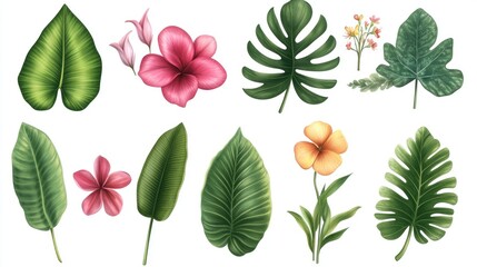 Vector realistic illustration set of tropical leaves and flowers isolated on white background. Highly detailed colorful plant collection. Botanical elements for cosmetics, spa, beauty care products