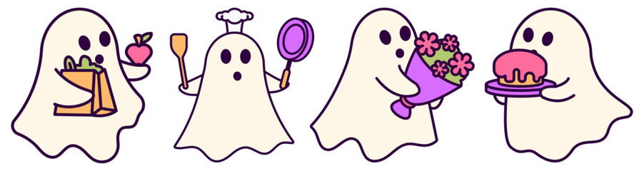 Cute Halloween Ghost Character Daily Activity, Cartoon Character Vector Style