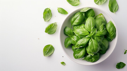 Obraz premium basil leaves in bowl, top view, white background png, space for copy, flat lay