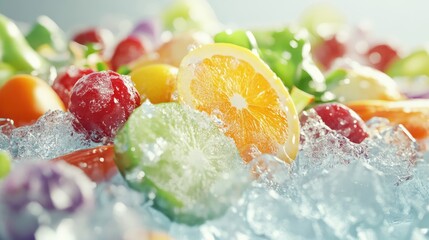 3D close-up of an assortment of healthy food, like fresh vegetables and fruits, displayed on refreshing ice, with vibrant textures against a white background, no people.