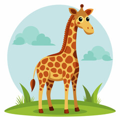 Obraz premium A Cartoon Giraffe Standing on Grass in Front of a Blue Sky