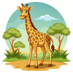 Obraz premium A Cartoon Giraffe Standing in a Green Savanna Landscape