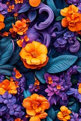 Fototapeta premium A bunch of orange and purple flowers and leaves on a blue background