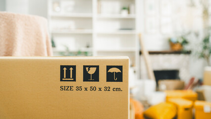 Moving boxes brought by teenagers moving house, concept of moving house, home decorating and buying new property