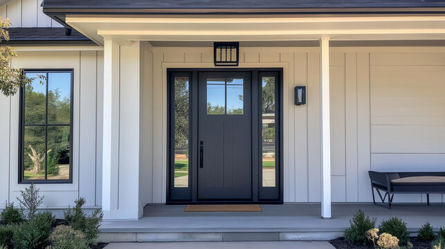  modern farmhouse front porch with black door and white board and batten siding. Copy space. Generative AI	