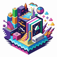 Abstract Isometric Cityscape with Geometric Shapes and Colors