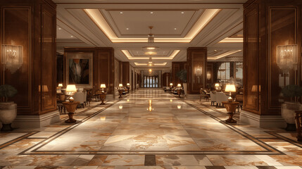 Naklejka premium Elegant hotel lobby with luxurious marble flooring and warm lighting. Copy space. Generative AI 