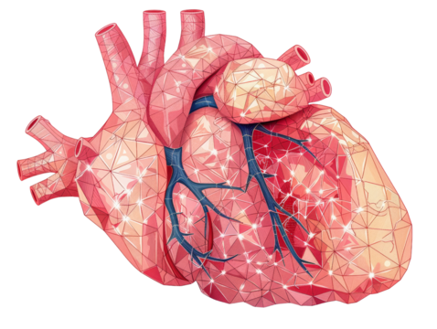 Polygonal geometric illustration of human heart, depicting arteries and veins in vibrant colors.