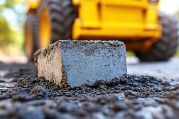 Naklejka premium A concrete block rests on a gravel surface near heavy construction equipment