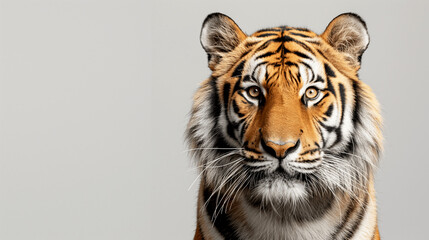 Majestic tiger staring directly at the camera on a plain background. Copy space. Generative AI 