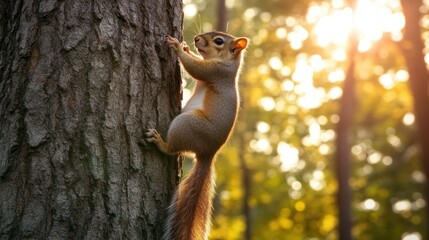 Obraz premium Squirrel Climbing a Tree in Sunlight
