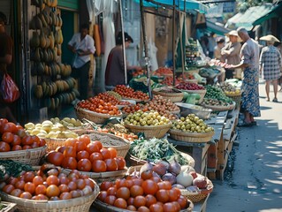 Baskets filled with fresh produce at an outdoor market in the morning sun, showcasing vibrant fruits and vegetables