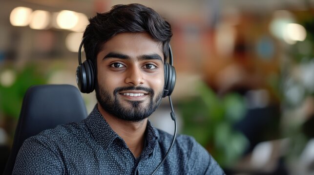 headshot of indian rep wearing headset in office setting, epitomizing customer support service, with banner conveying the concept