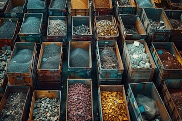 Aerial view of containers filled with sorted industrial and construction waste. Various types of debris visible. Organized disposal system shown. Waste management, recycling in construction industry