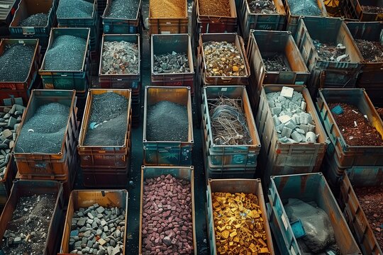 Aerial view of containers filled with sorted industrial and construction waste. Various types of debris visible. Organized disposal system shown. Waste management, recycling in construction industry - Powered by Adobe