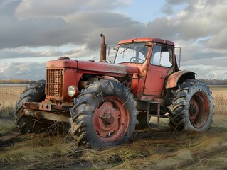 Obraz premium An old red tractor rests in a rural field under a cloudy sky during the late afternoon in autumn