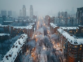 Snow-covered cityscape at dusk with illuminated streetlights during a winter snowfall in a bustling urban area