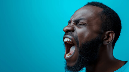  Profile of a man screaming with closed eyes against a blue background. Copy space. Generative AI	