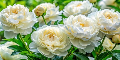 Delicate, creamy-white peonies with soft, layered petals and golden centers bloom amidst lush green foliage, evoking a sense of timeless elegance and refined beauty.