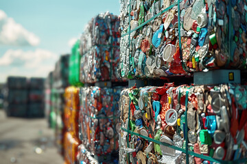 Fototapeta premium Sorted compressed waste packed in bales at sorting center warehouse ready for recycling, with copy space. Organized stacks of recyclable materials. Efficient waste management system