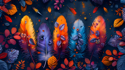 Colorful Feathers and Leaves Illustration on Dark Blue Background
