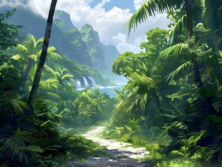 Lush tropical rainforest path leading to a serene ocean view with mountains during a bright sunny day