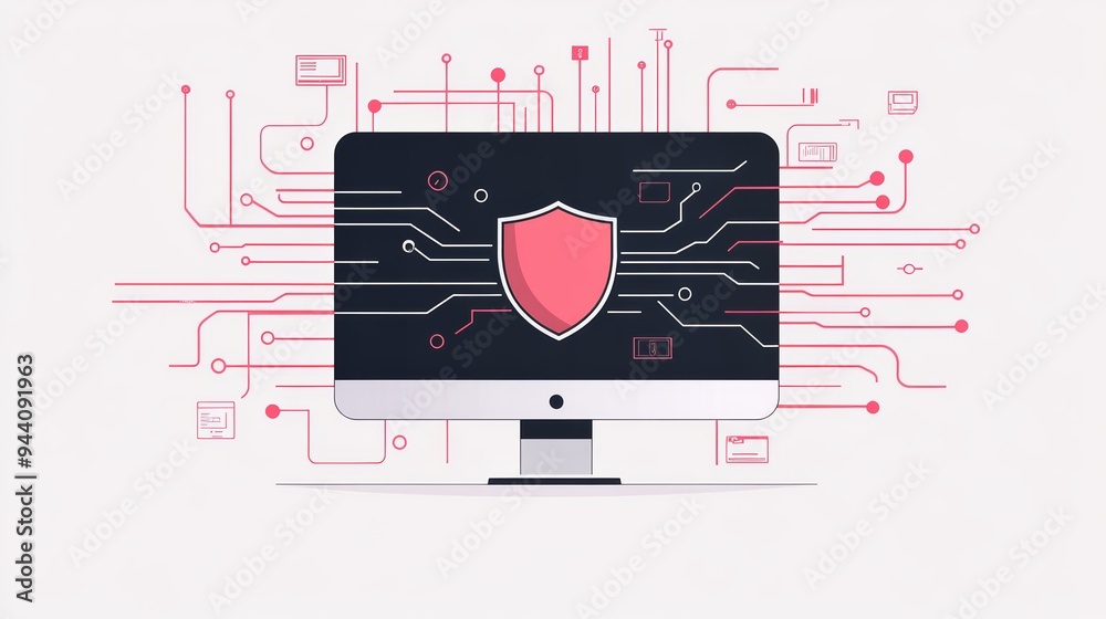 Poster Simple illustration of a digital shield on a computer monitor. Concept of cybersecurity, data protection, and secure connections