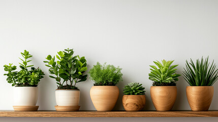 Fototapeta premium Collection of potted succulents and houseplants on a wooden shelf against a white wall. Copy space. Generative AI 