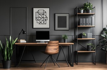 modern home office with dark grey walls,workspace