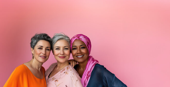 Three diverse middle age breast cancer survivor women over pink background 