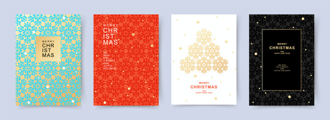 Merry Christmas and Happy New Year greeting card Set. Xmas backgrounds with beautiful snowflakes pattern. Holiday vector templates for banner, invitation, poster, advertising, social media