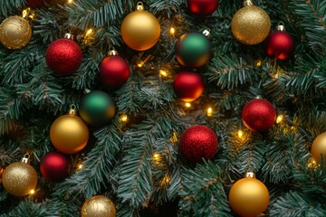 Fototapeta premium On a Christmas tree, baubles and lights are close-up in full frame