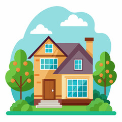 Fototapeta premium A Two-Story House with a Front Yard and Trees