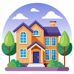 Fototapeta premium Two-story house with blue door and windows, surrounded by trees and bushes
