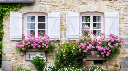 A charming rose bush with pink flowers cascades over a weathered stone wall, framing a small window and door in a peaceful setting in France