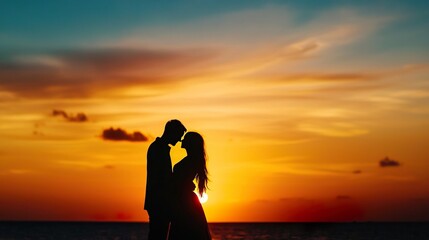 Fototapeta premium Silhouette of a couple embracing at sunset on a beach.