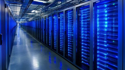 Fototapeta premium Blue Lit Server Room Corridor, Data Center, Server Racks, Technology