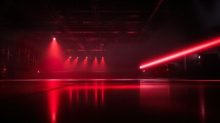 Red laser light beams illuminate an empty stage, creating a dramatic and futuristic atmosphere.