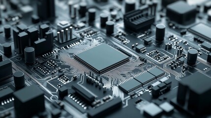 Closeup of a Circuit Board with a Central Processor, Circuitry, Technology, Digital, Electronics