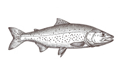 Naklejka premium Fish sketch salmon trout. Vintage retro print, black white salmon trout fish sketch ink pencil style drawing, linear drawing, engrave old school. Sketch artwork salmon trout fish. Illustration