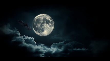 A full moon illuminates a dark sky, with clouds and a silhouette of a bat in flight.