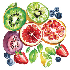 Naklejka premium A vibrant illustration of assorted fruits including kiwi, guava, pomegranate, and strawberries, showcasing freshness and color.