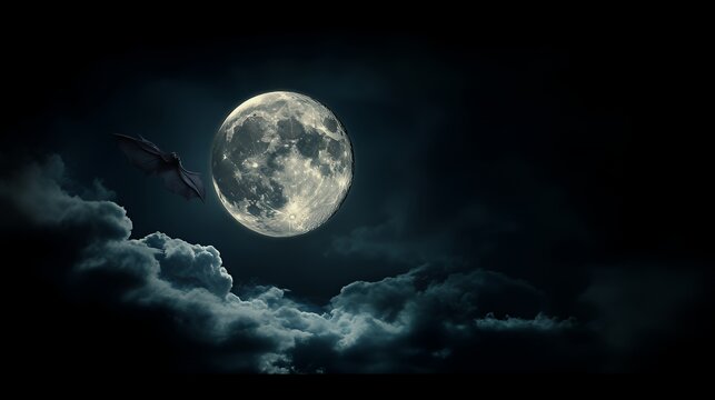 A full moon illuminates a dark sky, with clouds and a silhouette of a bat in flight.