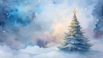 Lone Christmas tree on a watercolor blue background with a dim starry sky, mystical and tranquil with copy space