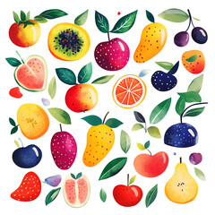 Vibrant collection of assorted fruits featuring watermelon, apple, orange, guava, and more, perfect for illustrating health and freshness.